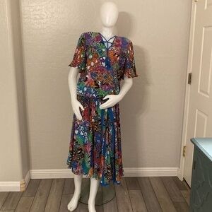 Vintage 1980's Diane Freis Colorful Quilted Print Georgette Pleated Dress XL